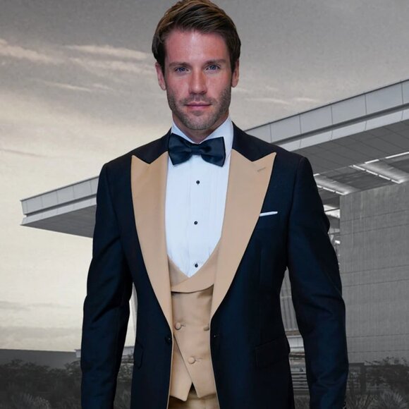 Statement Men's Black Vested with Champagne Peak Lapel 100% Wool Tuxedo - Picture 1 of 2
